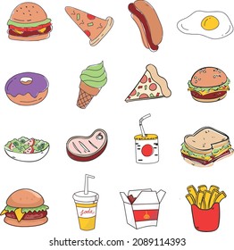 food and drinks vector icons for the menu, fast food, pizza, ice cream. 