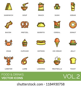 Food and drinks vector icons. Sandwich, soup, snack, sushi, kebab, bacon, pretzel, burrito, cereal, donut, crab, cupcake, hotdog, ice cream, jelly, lobster, lamb, lasagna, meatballs, toast.