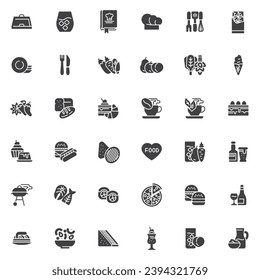 Food and drinks vector icons set, modern solid symbol collection, filled style pictogram pack. Signs, logo illustration. Set includes icons as fruit and vegetables, seafood menu, cocktails, dessert