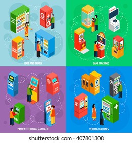 Food and drinks vending machines with payment terminals automated self service 4 isometric icons square isolated vector illustration