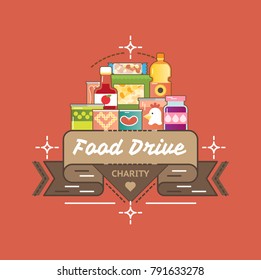 Food Drive canned food charity movement, vector badge logo illustration
