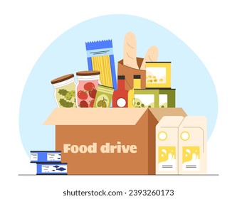 Food drive charity concept. Box with natural and organic products. Online shopping and fast delivery, transportation. Charitable donaton of eating. Care and support. Cartoon flat vector illustration