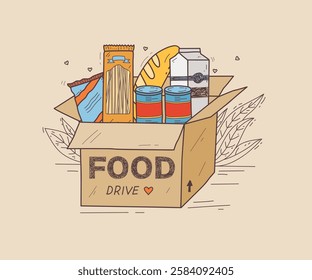 Food drive concept with a box of groceries, including pasta, bread, and canned goods. Doodle style