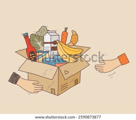 Food drive concept with hands passing a box of groceries, including bananas, milk, and canned goods. Doodle style