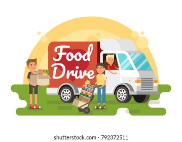 Food Drive Non Perishable Food Charity Movement, Vector Badge Logo Illustration With Food Van And Boxes.