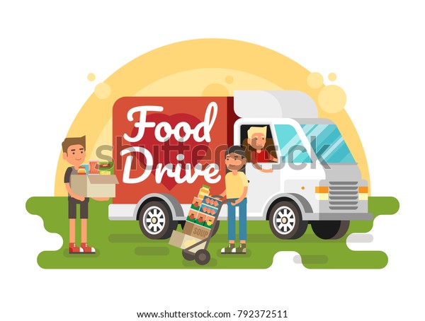Food Drive non\
perishable food charity movement, vector badge logo illustration\
with food van and boxes.