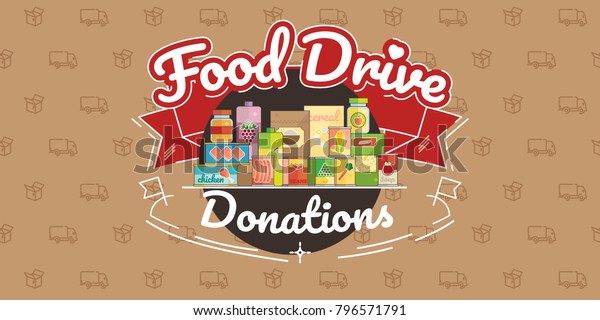 Food Drive non perishable food charity\
movement, vector badge logo\
illustration