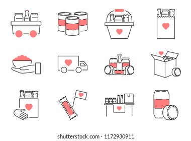 Food drive outline icon collection set. Charity meal vector illustration. People help, donate and support homeless and hunger social group. Humanitarian aid to poor man.