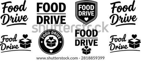 Food Drive typography logo design, charity event text, heart and box icon, community support branding concept, donation flat vector illustration