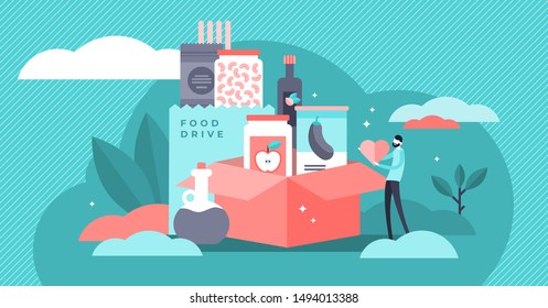 Food Drive Vector Illustration. Flat Tiny Grocery Charity Persons Concept. Canned Lunch Donation To Support Poor Community. Social Responsibility And Humanitarian Help. Catering Support Unpackaging.