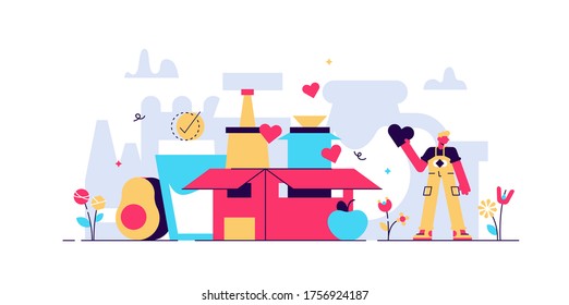 Ilustración vectorial de la unidad alimentaria. Concepto de personas de caridad de comestibles de pequeñas dimensiones. Donación de comida enlatada para apoyar a la comunidad pobre. Responsabilidad social y ayuda humanitaria. Soporte de restauración para desempaquetar.