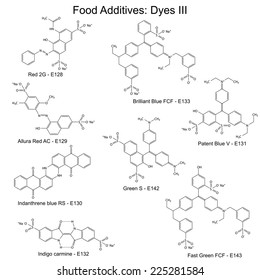 Food dyes - structural chemical formulas of food additives, third set E128-E143, 2d illustration on a white background, vector, eps 8