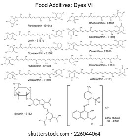 Food dyes - structural chemical formulas of food additives, sixth set E161a-160j, E162, E180, 2d illustration on a white background, vector, eps 8