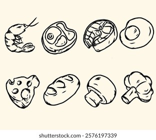 Food and eat icon collection Healthy food and fruit vegetables doddle set