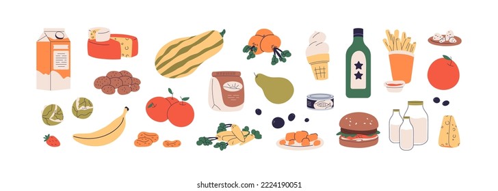 Food, eating products. Groceries set, fresh vegetables, fruits, milk, cheese, oil bottle and icecream. Potato, apple and french fries. Flat graphic vector illustrations isolated on white background