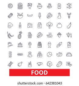 Food, eating, tasting, pizza, fish, meat, bakery, cake, products, grocery store line icons. Editable strokes. Flat design vector illustration symbol concept. Linear signs isolated on white background