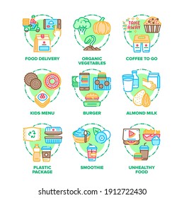 Food Eats Set Icons Vector Color Illustrations. Organic And Unhealthy Food And Drink, Smoothie And Almond Milk, Burger And Organic Vegetables, Kids Menu And Coffee Take Away Color Illustrations