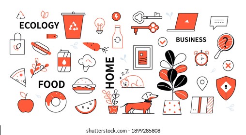 Food, ecology, home, business elements - colorful line design style objects. Domestic life, eco. Recycling bin, lightbulb. Shield, key, dachshund, cat sleeping, plant, alarm clock, sheep, delivery box