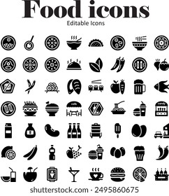 Food editable icon set fruit vegetable deinks and hot meal