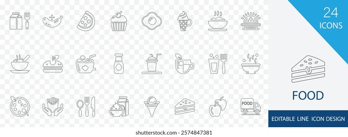 Food editable line icon set. containing green, egg, food, healthy, protein, hamburger, sandwich and more stroke design