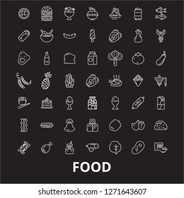 Food editable line icons vector set on black background. Food white outline illustrations, signs, symbols