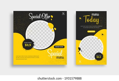 Food Editable minimal square banner template. Black and yellow background color with stripe line shape. Suitable for social media post and web internet ads. Vector illustration with photo college