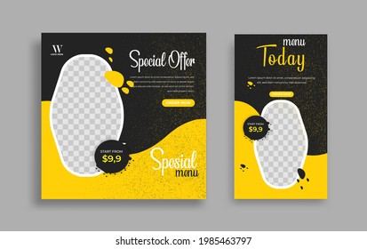 Food Editable minimal square banner template. Black and yellow background color with stripe line shape. Suitable for social media post and web internet ads. Vector illustration with photo college	