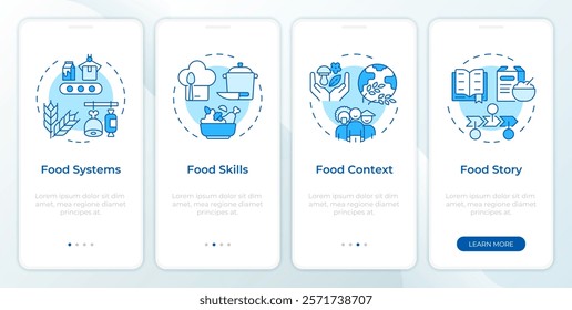 Food education blue onboarding mobile app screen. Walkthrough 4 steps editable graphic instructions with linear concepts. UI, UX, GUI template