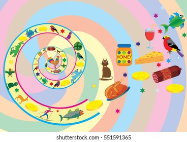 Food elements at a background of a color spiral