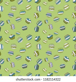 Food elements colorful repeated wallpaper on neutral, white and blue. Abstract backdrop for girls, wrapping paper. Seamless cakes pattern. Vector illustration.