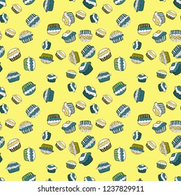 Food elements colorful repeated wallpaper on white, green and yellow. Seamless cakes pattern. Abstract backdrop for girls, wrapping paper. Vector illustration.