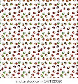Food elements colorful repeated wallpaper on white, red and black. Seamless cakes pattern. Vector illustration. Abstract backdrop for girls, wrapping paper.