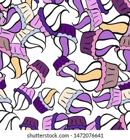 Food elements colorful repeated wallpaper on violet, white and black. Vector illustration. Abstract backdrop for girls, wrapping paper. Seamless cakes pattern.