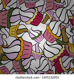 Food elements colorful repeated wallpaper on black, white and pink. Abstract backdrop for girls, wrapping paper. Vector illustration. Seamless cakes pattern.