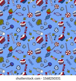 Food elements colorful repeated wallpaper on blue, black and white. Seamless cakes pattern. Abstract backdrop for girls, wrapping paper. Vector illustration.