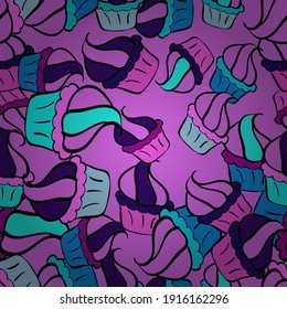 Food elements colorful repeated wallpaper on violet, blue and black. Abstract backdrop for girls, wrapping paper. Vector illustration. Seamless cakes pattern.