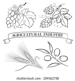 Food emblems and labels, black over white. Vector illustration.