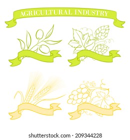 Food emblems and labels, green and yellow over white. Vector illustration.