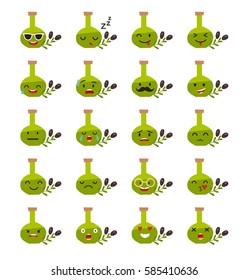 Food emoji vector illustration: olive oil bottle. Olive oil emoticons icon, cartoon style. Isolated on white background. Flat sticker