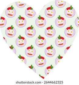 Food Emoticon Fried Eggs sausage Tomatoes slices and Salad leaves Pattern on Heart Shape Background