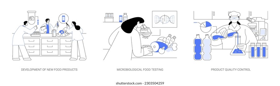 Food engineering abstract concept vector illustration set. Development of new food products in laboratory, microbiological testing, product quality control, experiment with GMO abstract metaphor.