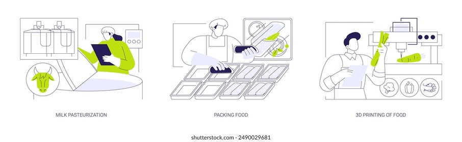 Conjunto de Ilustración vectorial de concepto abstracto de ingeniería de alimentos. Pasteurización de la leche, productos de embalaje, impresión 3D de alimentos, producción láctea, procesamiento, conservación y almacenamiento metáfora abstracta.