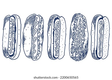 Food engraving hand drawing set of hotdog isolated on white background.