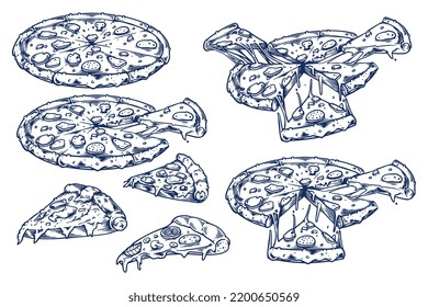 food engraving hand drawing set of four pizza isolated on white background.