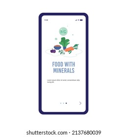 Food enriched with minerals banner for mobile phone app onboarding page, cartoon flat vector illustration. Magnesium food microelement or macronutrient natural source.