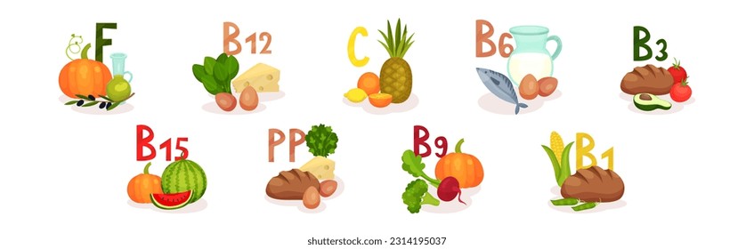 Food Enriched with Vitamins and Minerals Group Vector Set