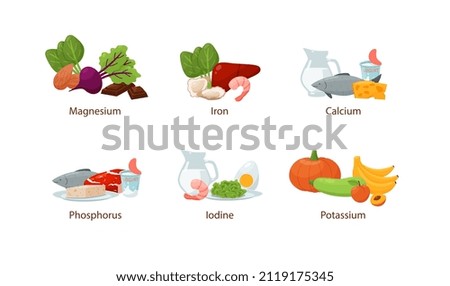 Food enriched in vitamins and minerals magnesium, iron, calcium, phosphorus and potassium. Vitamin food nutrition cartoon vector set. Infographic of food, source of healthy minerals and elements.