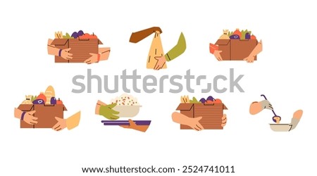 Food exchange. Vector illustration of a set featuring a box filled with fruits, vegetables, bread. Hands in rubber gloves serve food to support community charity
