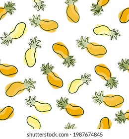 Food exotic seamless pattern with random yellow contoured pineapples ornament. Decorative backdrop for fabric design, textile print, wrapping, cover. Vector illustration.