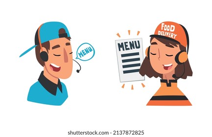 Food Express Delivery Service with Man and Woman Operator in Headset Taking Online Order Vector Set